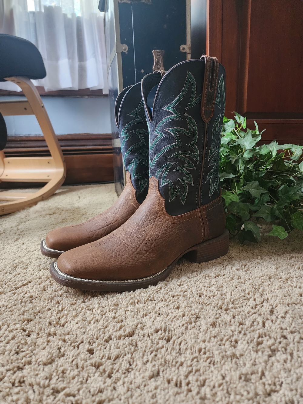 Durango Brown Foot Black Shaft Cowboy Boots with Teal Stitching